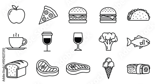 Collection of various food and drink line icons, including fruit, fast food, meals, beverages, and dessert, presented in a simple black and white style.
