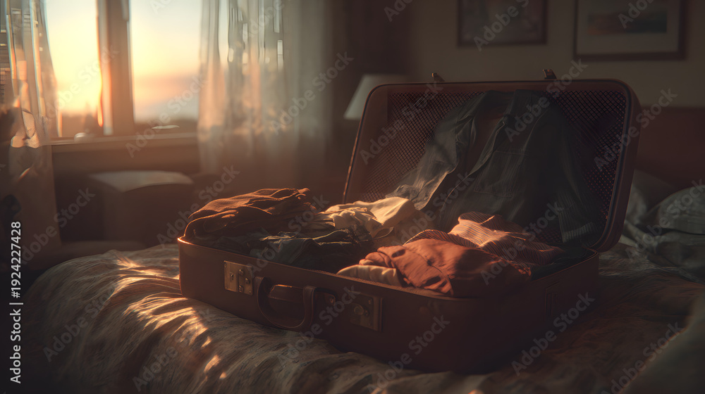 Fototapeta premium Open suitcase on bed, clothes half packed, warm sunset light, quiet departure feeling, cinematic emotional realism