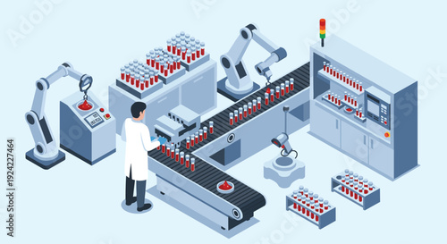 Automated laboratory uses robotic arms and conveyor belts for high-throughput processing of blood samples in test tubes, supervised by a scientist.