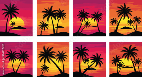 Set of tropical island sunset landscapes with black palm tree silhouettes, vibrant pink and orange sky, summer beach vacation backgrounds.