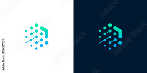 Dynamic abstract digital technology logo design featuring a hexagonal shape formed by interconnected dots and an ascending arrow, representing data flow, network progress, and innovative growth