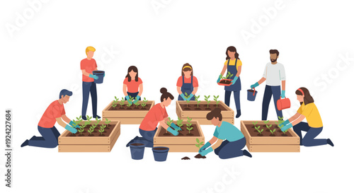 A group of diverse people in casual clothing work together to plant green seedlings in wooden raised garden beds against a plain white background.
