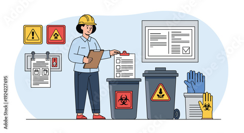 Female safety officer with a clipboard inspects hazardous waste disposal bins, ensuring compliance with biohazard and toxic material regulations.