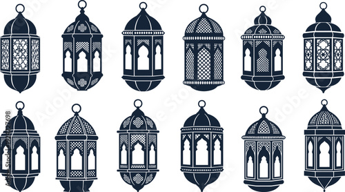 Set of decorative Arabic lanterns, Ramadan Kareem hanging lamps, Islamic ornament silhouettes, traditional middle eastern light icons for Eid Mubarak celebration.
