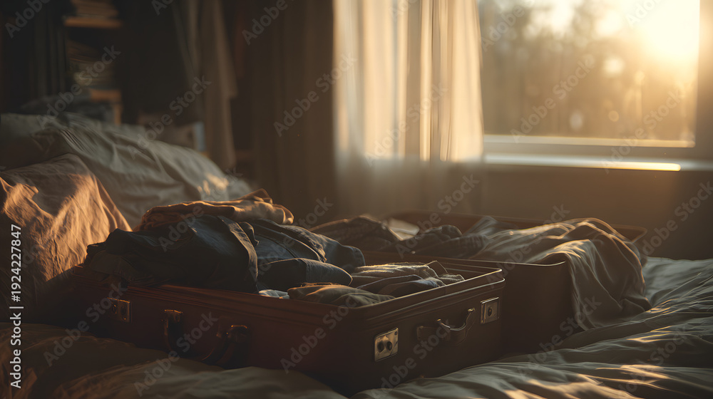 Fototapeta premium Open suitcase on bed, clothes half packed, warm sunset light, quiet departure feeling, cinematic emotional realism