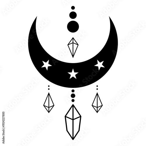 Celestial crescent moon with hanging magic crystals. Mystical talisman symbol for esoteric design. Vector illustration