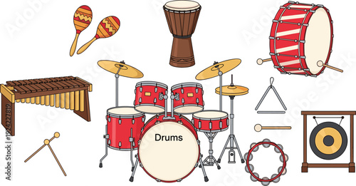 Vector collection of percussion instruments featuring a full red drum kit xylophone djembe maracas tambourine triangle gong and bass drum isolated on white for music education and performance.