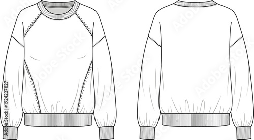 Women's raglan sleeve sweatshirt technical sketch, front and back view, fashion CAD drawing flat vector apparel illustration, oversized sweater mockup.