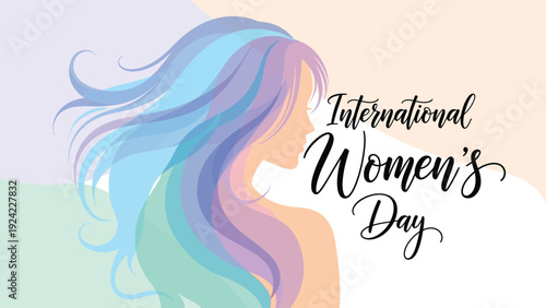 International Womens Day celebration with colorful long haired woman profile  social awareness campaign