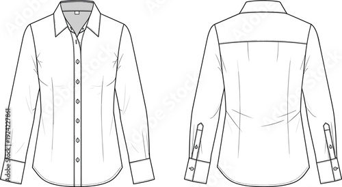 Women's long sleeve button up dress shirt technical sketch, front and back view, fashion CAD drawing flat vector apparel illustration.