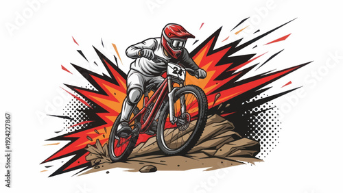Φωτογραφία Mountain biker on a red bicycle against a dynamic explosion effect vector illust