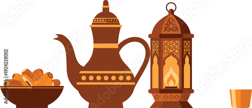 Arabic coffee dallah with dates and traditional lantern vector illustration, Ramadan hospitality concept, Islamic cultural drink set, decorative design isolated on white background