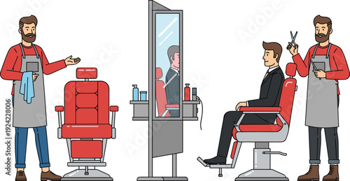 Barbershop scene with professional hairstylist cutting client hair, modern salon interior featuring barber chair, mirror, scissors, grooming tools, stylish flat vector illustration isolated on white