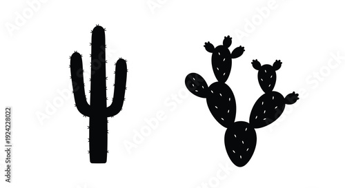 Black silhouettes of saguaro and prickly pear cacti in a desert landscape