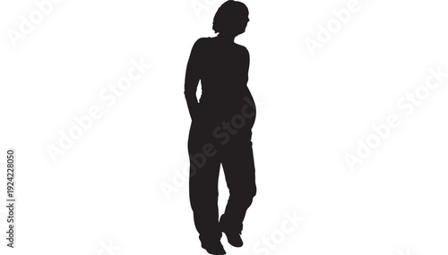 Woman silhouette standing with hands in pockets and one leg bent, black profile isolated on white background, pregnant female figure featuring pregnancy, maternity, expectant mother with motherhood