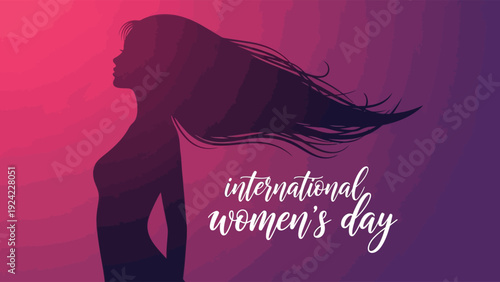International Womens Day awareness campaign purple pink gradient background silhouette woman long hair