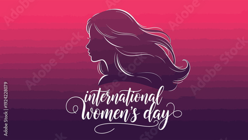 International Womens Day celebration with purple and pink gradient background and woman silhouette