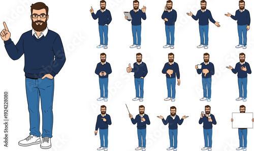 Cartoon male character poses set featuring bearded man with glasses showing gestures, presentation, approval, rejection, communication, and expressive body language isolated on white background