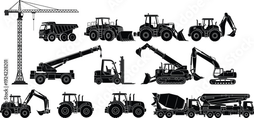 Construction machinery silhouette set featuring crane, dump truck, excavator, bulldozer, forklift, concrete mixer, heavy industrial vehicles collection isolated vector illustration