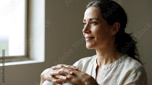 Serene middle-aged woman meditating by window, finding inner peace and mindfulness.