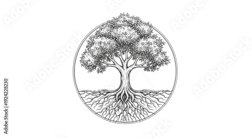 Circular emblem depicting stylized tree of life with detailed roots and lush foliage