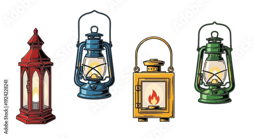 Four vintage lanterns in varying colors and designs are displayed