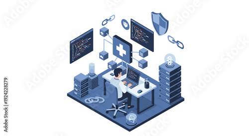 Male programmer developing a secure healthcare system using blockchain technology in an isometric server room with floating interface elements.