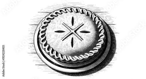 Classic apple pie vector illustration, traditional baked dessert, top view, crust detail