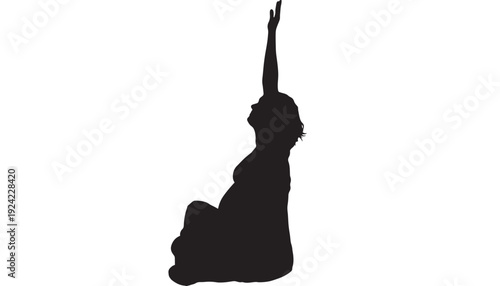 Woman silhouette sitting with arm raised upward, minimal black cutout figure isolated on white background, yoga stretch pose, calm meditation and wellness concept