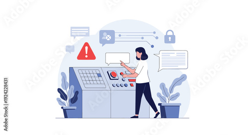 Female operator at a complex control panel initiates a system process by pressing a red button while managing security alerts and notifications.