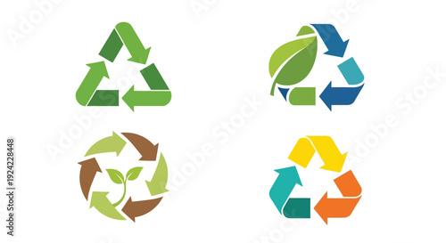 Colorful recycling symbols formed by arrows and leaves representing sustainability