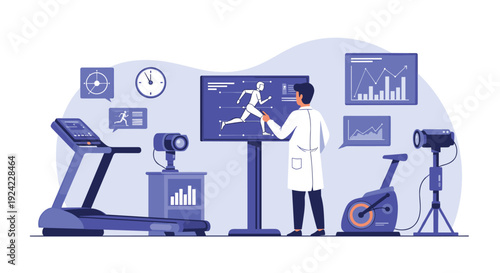 Male scientist in a sports science laboratory analyzes an athlete's biomechanics on a large screen with data from a treadmill and exercise bike.