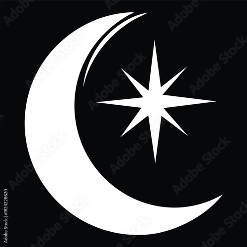 White crescent moon and star symbol on a black background night
