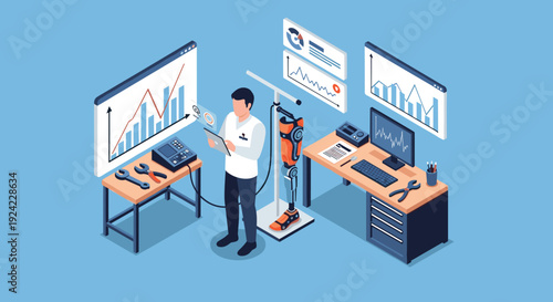 Engineer in a modern laboratory tests an advanced bionic prosthetic leg, analyzing performance data on a tablet and computer screens during research.