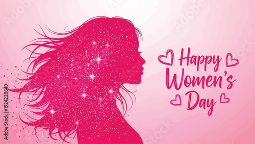 Happy Womens Day celebration with pink silhouette of a womans head  festive background
