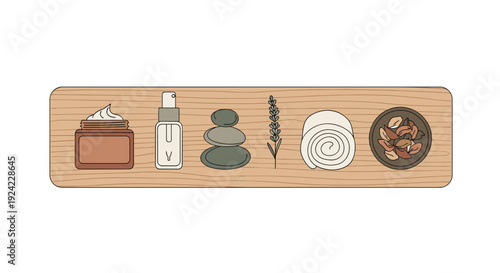 Six spa and wellness icons including a cream jar and stacked stones are arranged horizontally on a light-colored wooden board against a white background.