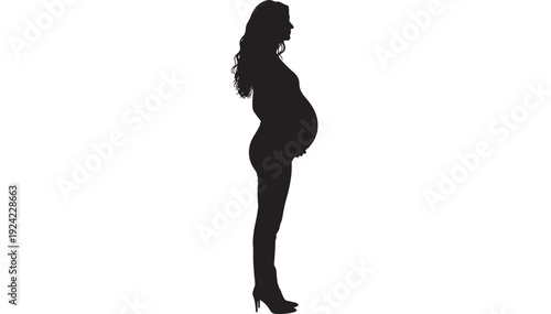 Woman pregnant silhouette in side profile standing with baby bump, minimal black shape on white background, motherhood and maternity concept for design use
