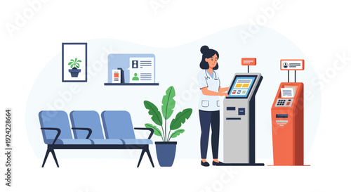 Medical professional uses a digital self-service kiosk for patient registration and appointment management in a modern hospital waiting room.