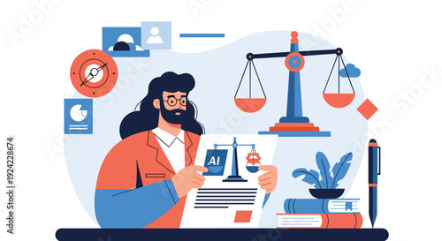 Legal professional reviews a document about the ethics of artificial intelligence in law, with scales of justice symbolizing balance and fairness.