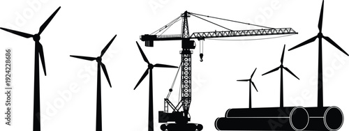 Wind turbine construction silhouettes with crane and industrial equipment, renewable energy infrastructure concept, vector illustration isolated on white background