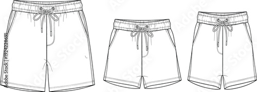 Men swim shorts mockup set, CAD drawing flat vector illustration with beachwear front views isolated template
