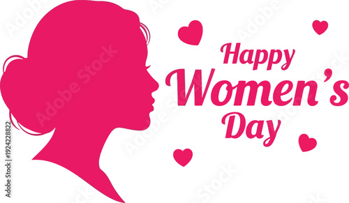 Happy Womens Day celebration with pink silhouette of a woman and hearts