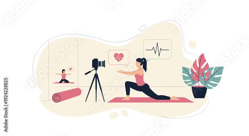 Fitness instructor records an online yoga class from her home studio, demonstrating a pose for her virtual students watching the live stream.