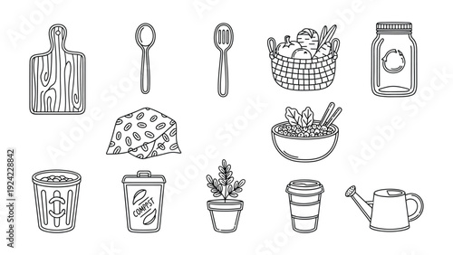 Culinary Essentials: An artfully arranged collection of kitchen and food items, each item depicted with meticulous detail, evoking the essence of culinary creation. 