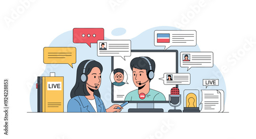 Two people with headsets engage in a live online broadcast, conducting a virtual interview or hosting a podcast with chat interactions.