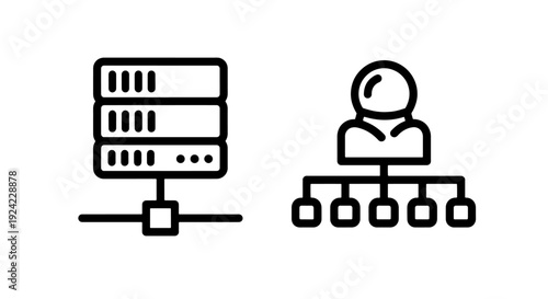 Network and server icons: stacked servers connected to a central node and a user hierarchy, illustrating distributed systems and management