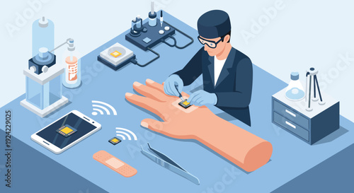 Scientist in a sterile lab environment carefully implants a futuristic wireless microchip into a human hand for advanced bio-hacking or medical monitoring.