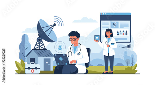 Male and female doctors provide remote medical consultations and services using laptops, tablets, and satellite technology for telehealth and telemedicine.