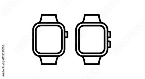 Modern wearable technology icons featuring two minimalist smartwatch designs, one with a blank screen and another with side buttons, ready for app development.