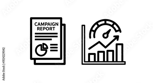 Campaign report and performance graph icons: a document with pie chart and bar graphs illustrating campaign success and a dashboard with speed dial and rising trend.